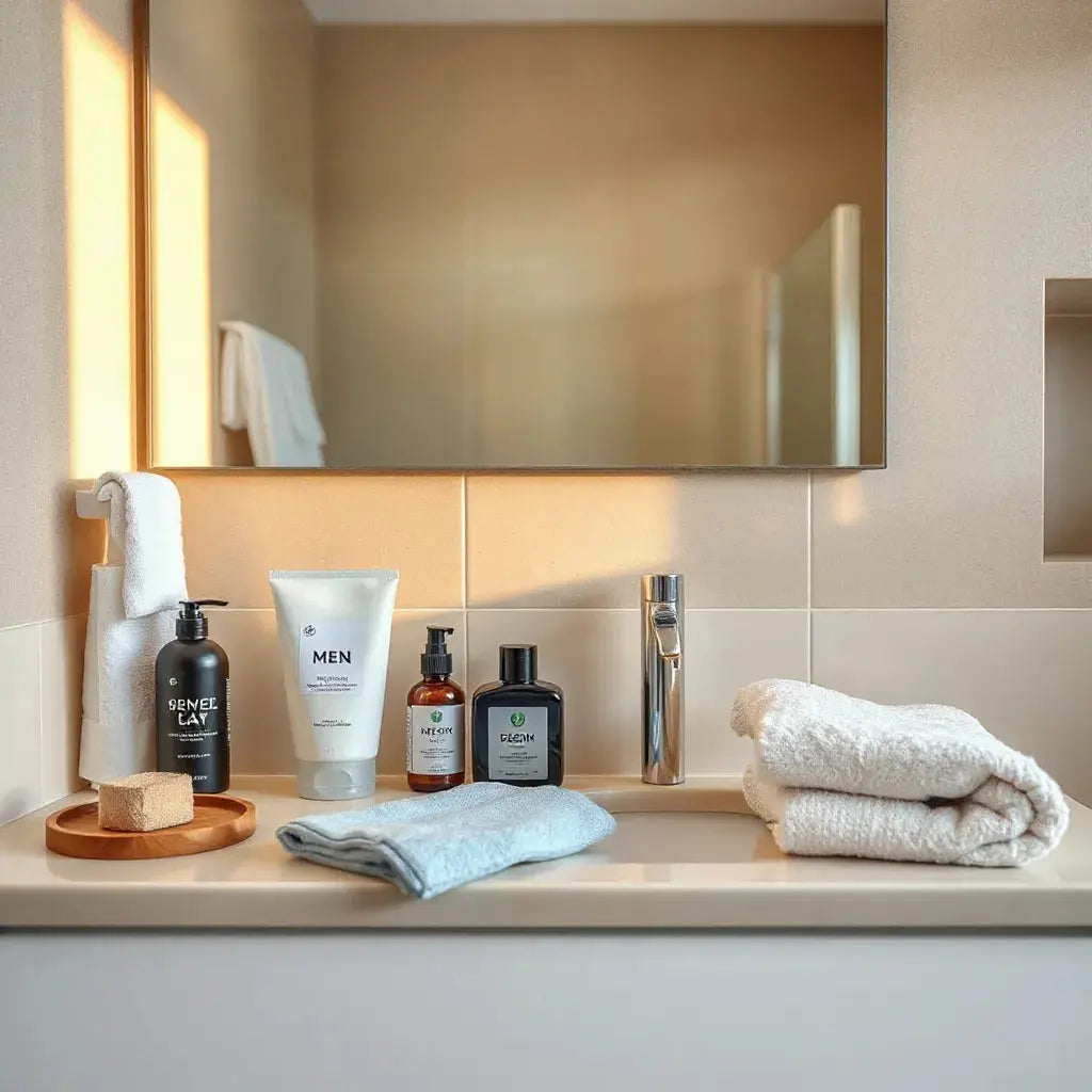 Assorted men’s body care essentials on a bathroom counter with a towel and soft natural lighting