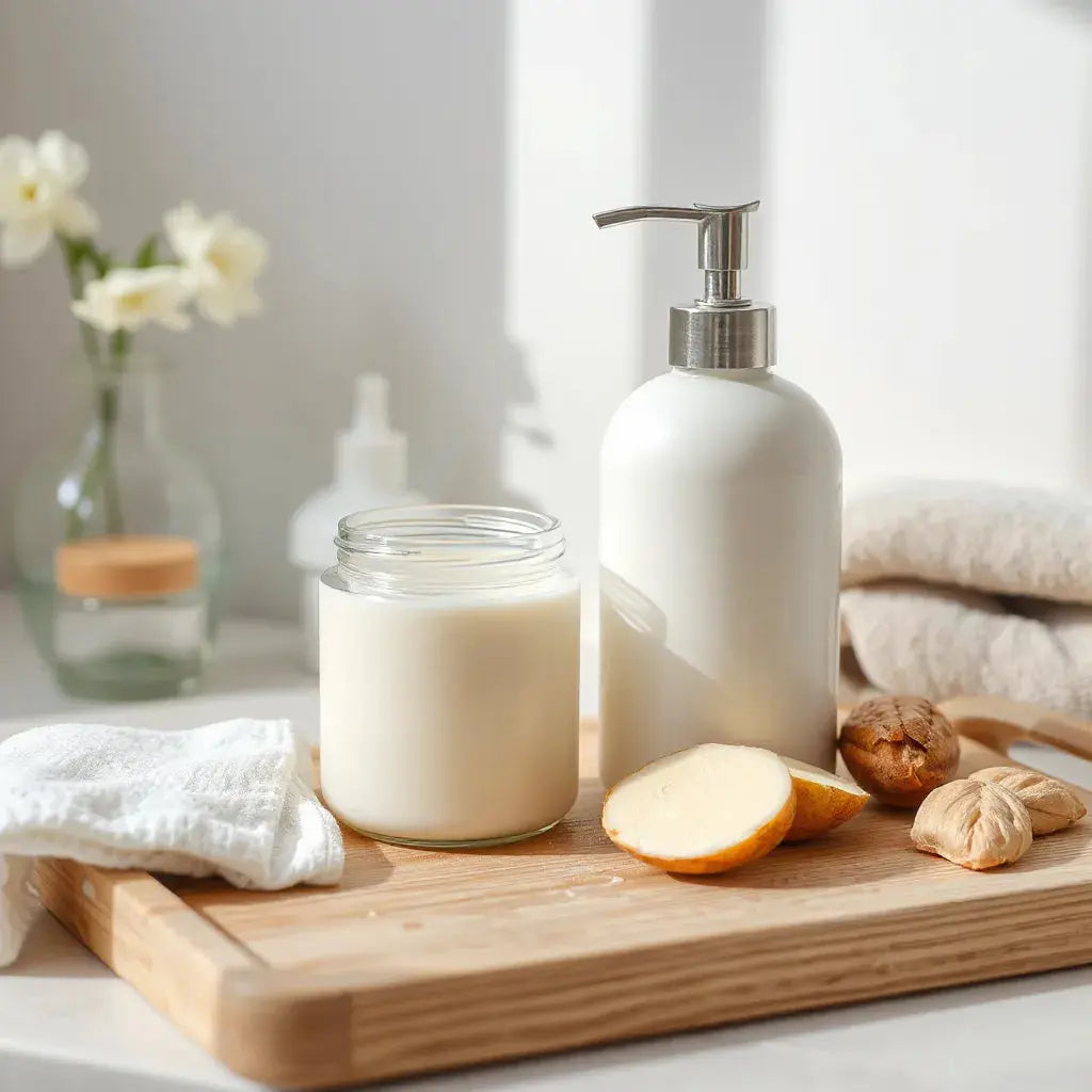 Pump bottle and lotion jar on a clean vanity with soft natural light and skincare ingredients