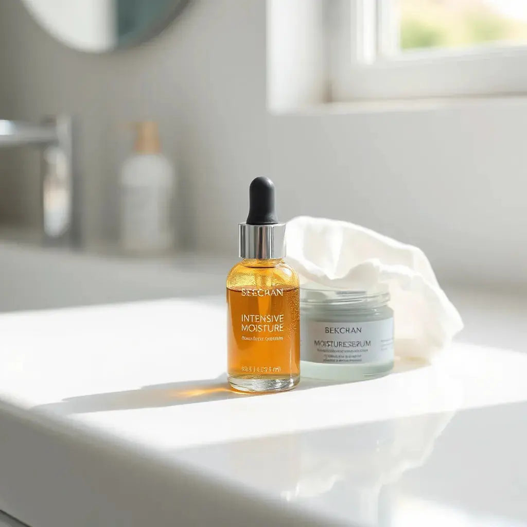 Glass dropper bottle of serum with water droplets on a clean counter next to a jar and cotton pad