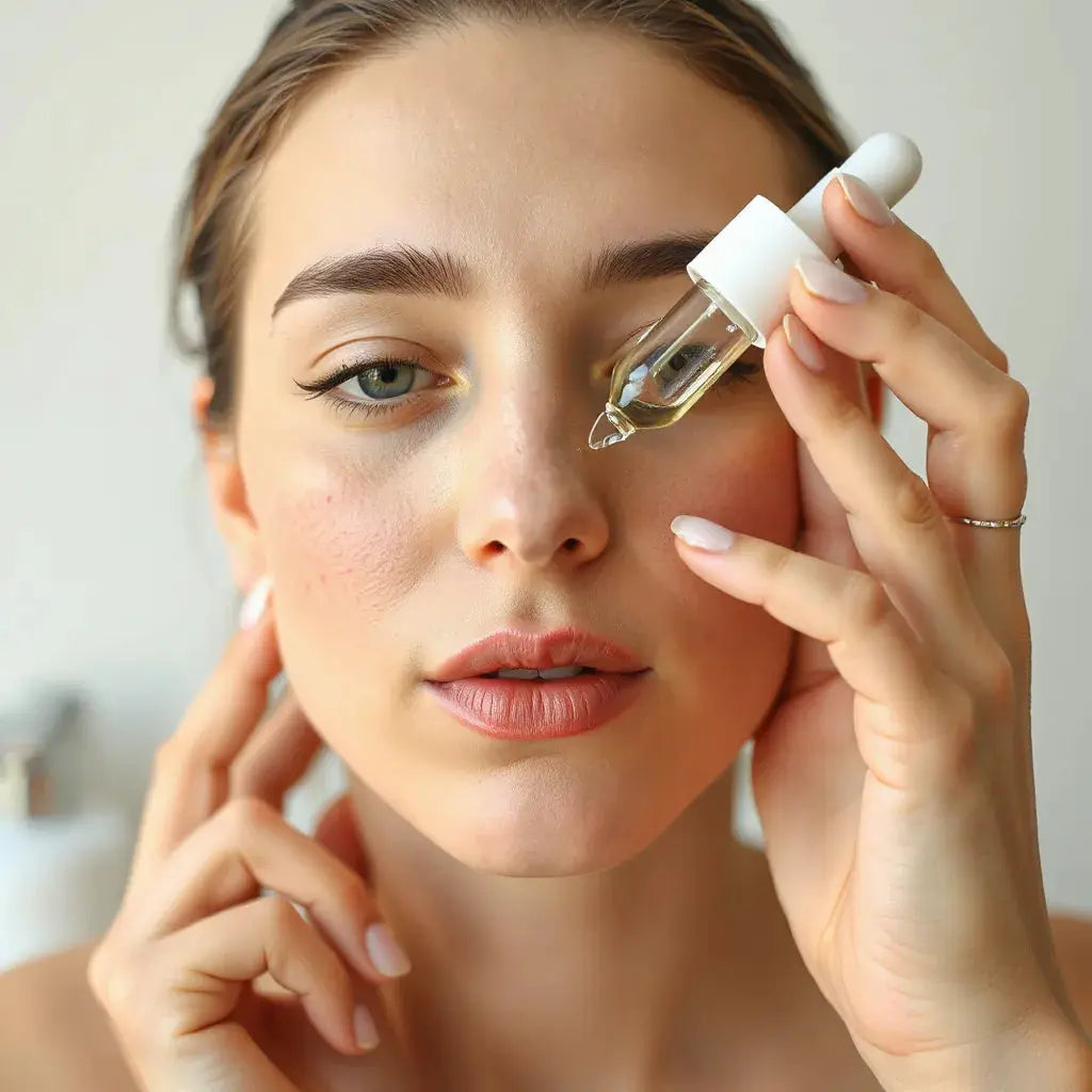Person gently applying skincare serum to face with visible fading acne marks