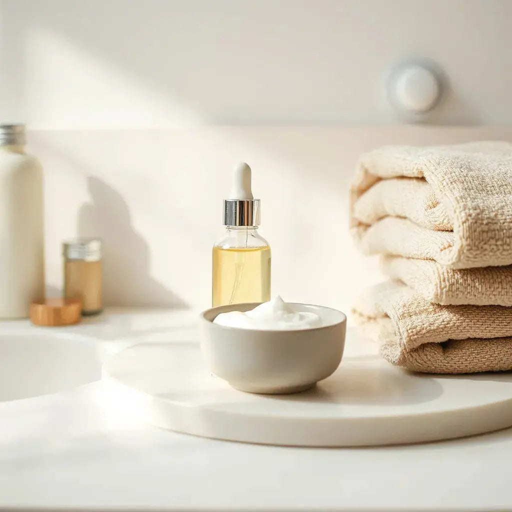 Serum dropper bottle, moisturizer bowl, and soft towel on a clean vanity under warm light