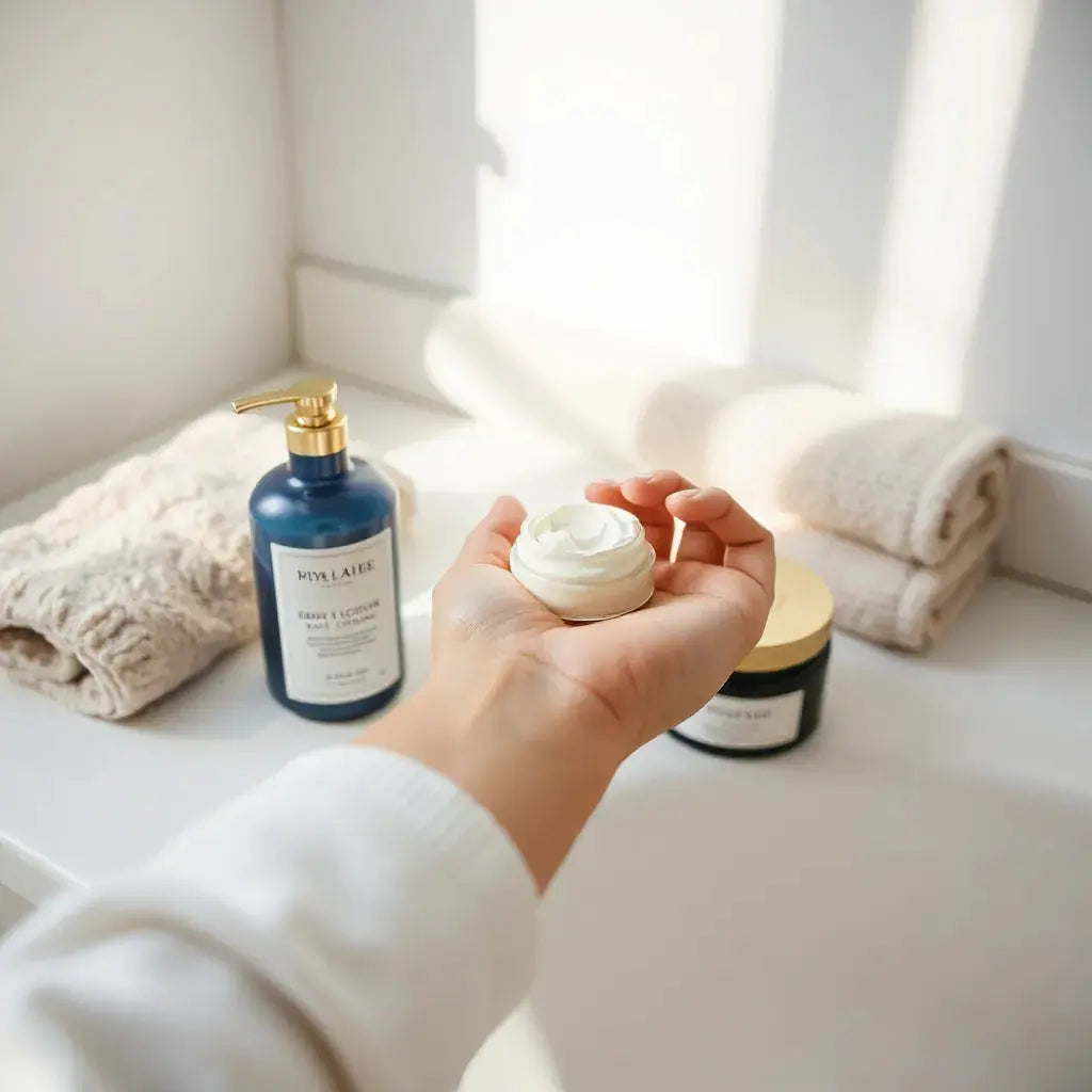 Hands applying rich body moisturizer to the forearm with body care products on a clean counter