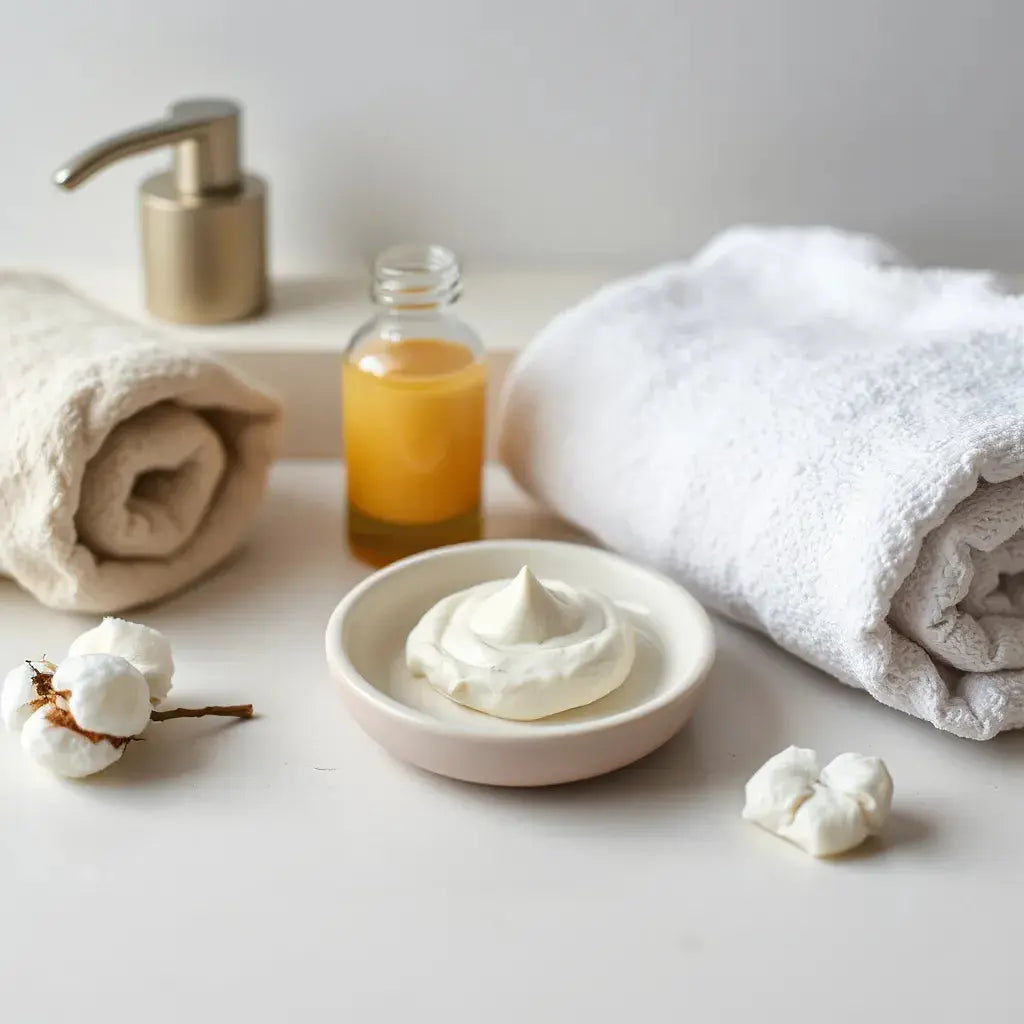 Creamy moisturizer and pump bottle on a clean vanity with soft cotton pads in natural light