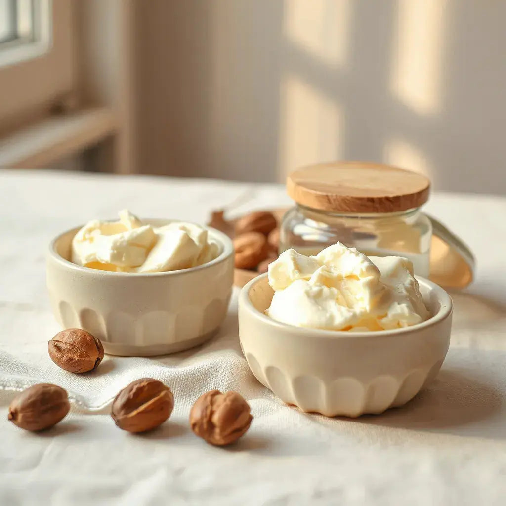 Creamy shea butter and a moisturizer jar with shea nuts on a light linen surface