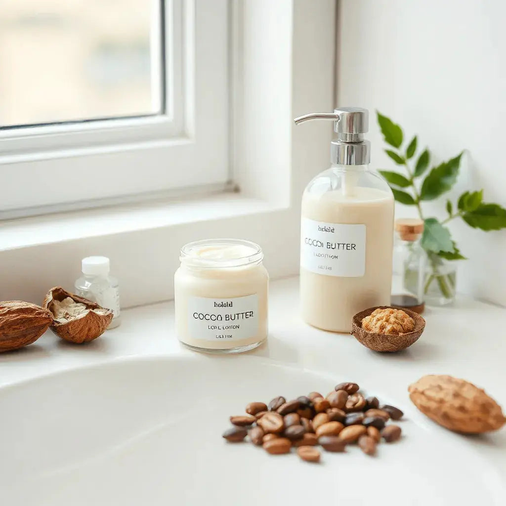 Creamy cocoa butter lotion in a jar beside a bottle with cocoa pods and beans on a clean vanity