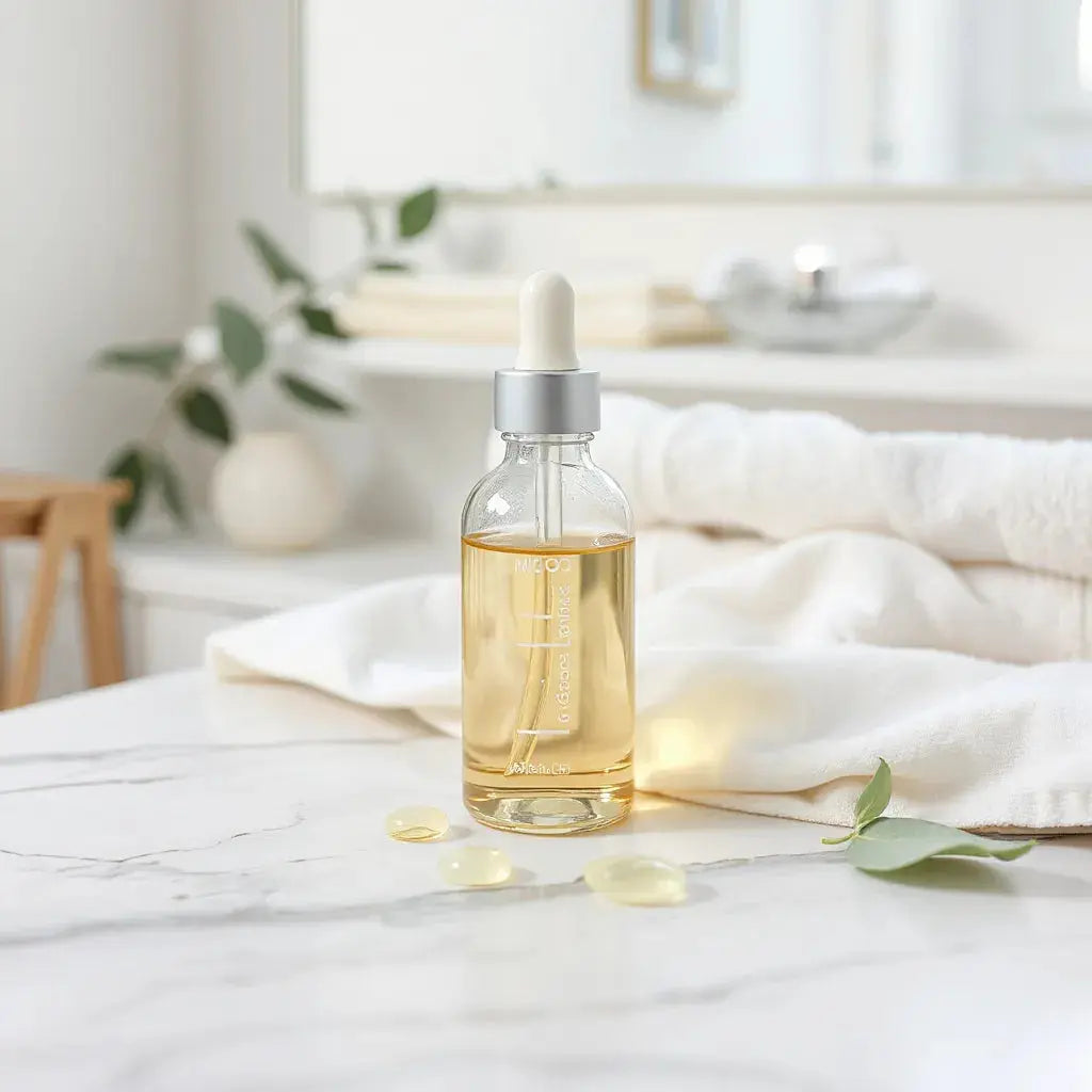 Glass dropper bottle of hydrating essence oil on a clean vanity with soft towels and a eucalyptus leaf