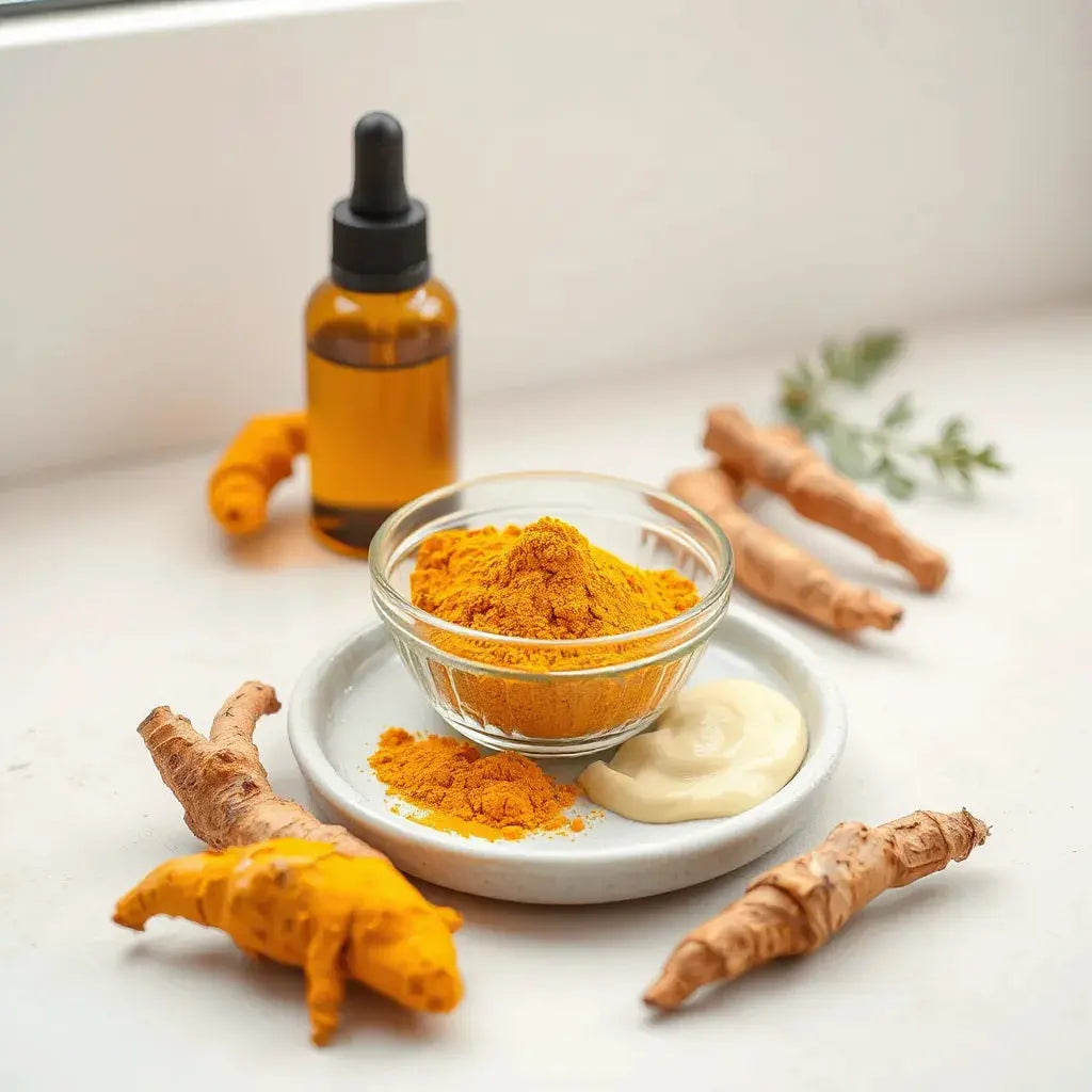 Golden turmeric powder, roots, and a natural skincare dropper bottle on a light countertop