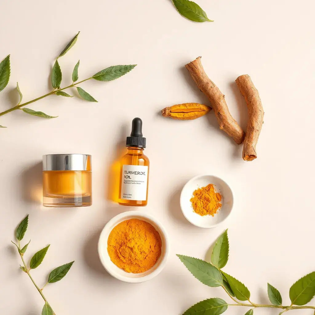 Warm golden turmeric oil skincare set with jars, roots, and soft natural light