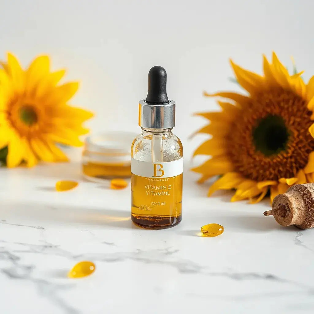 Skincare cream and oil droplets with sunflower petals on a clean marble surface