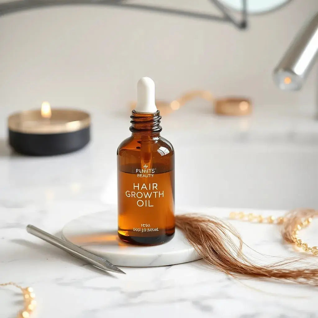 Amber oil bottle with dropper beside a few hair strands on a minimal marble vanity.