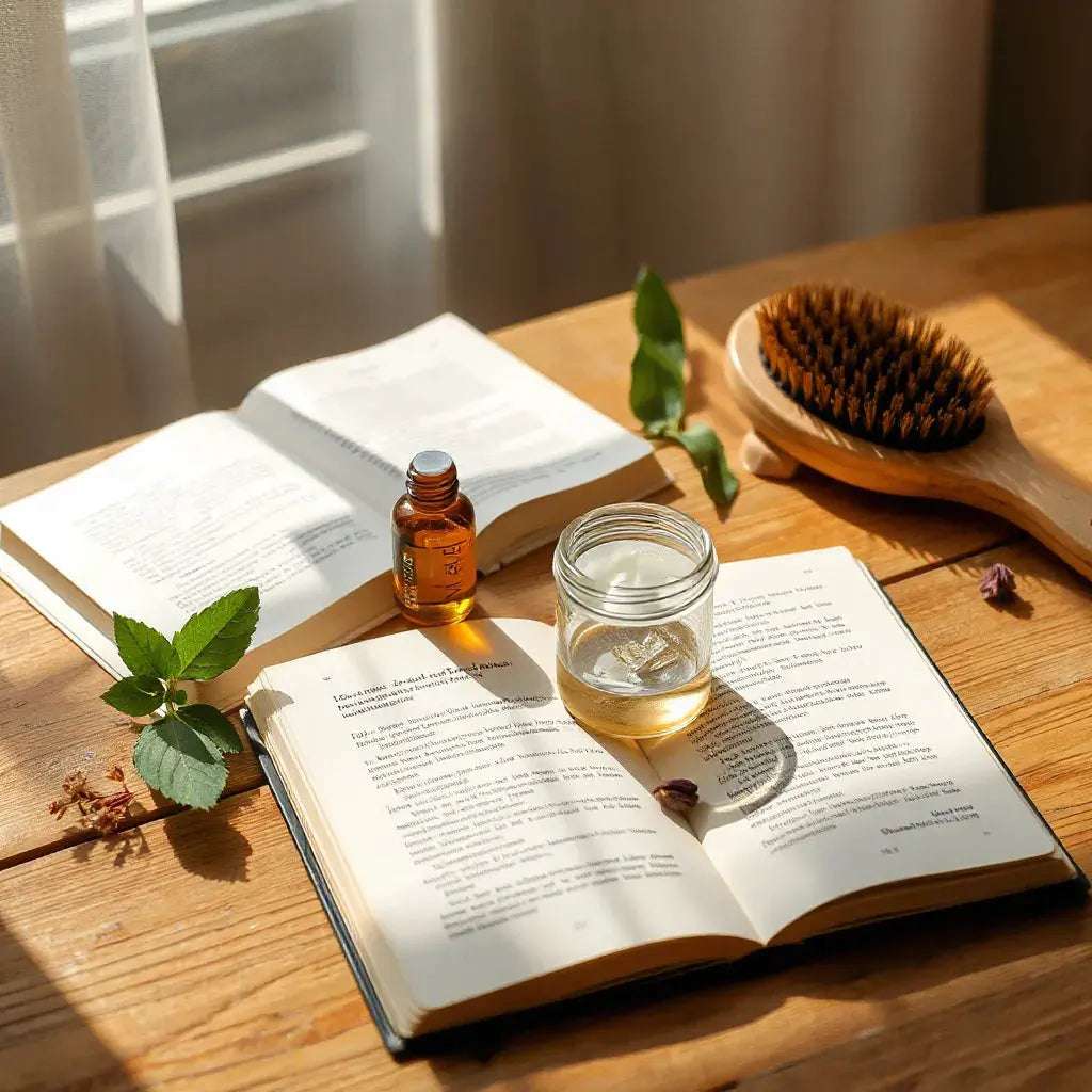 Sunlit table with an open book, natural hair and body care products, and botanical accents