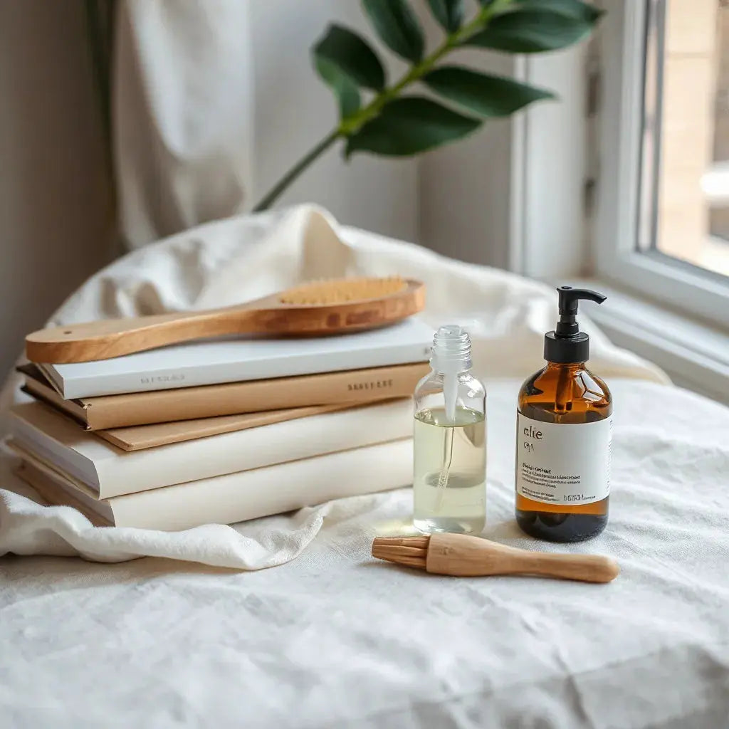 Natural beauty books with hair brush and body oil bottles on light fabric in soft window light