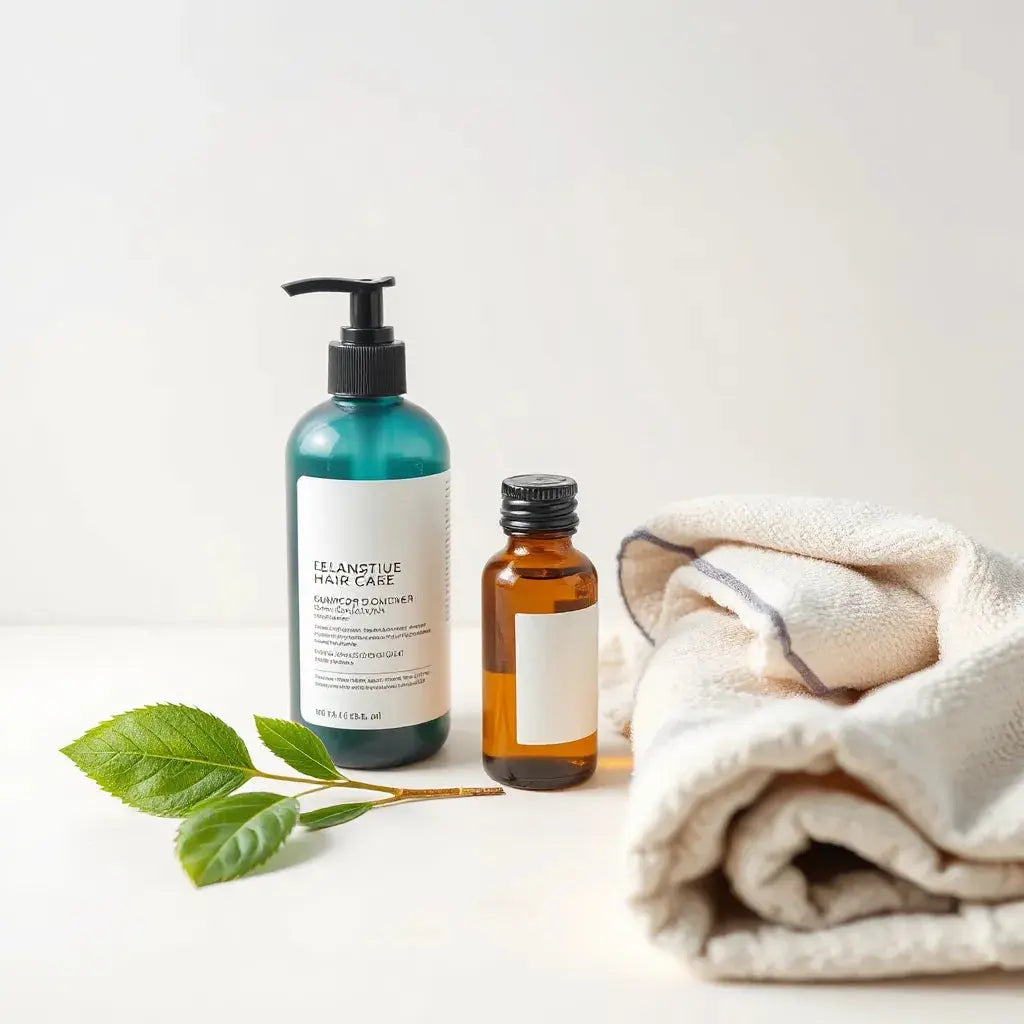 Hair care bottles and hair oil on a clean vanity with soft towel and green leaves