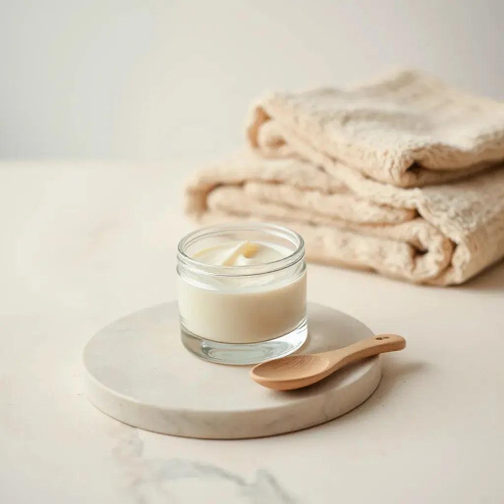 Jar of rich body cream with a soft scoop on a neutral surface in natural light