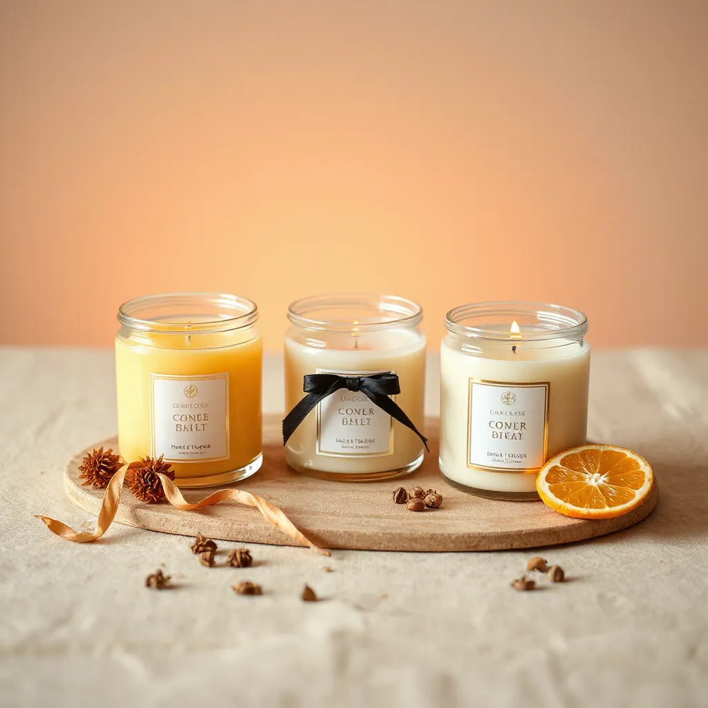 Elegant candle gift set with three glass jars and warm, flickering light on a neutral table