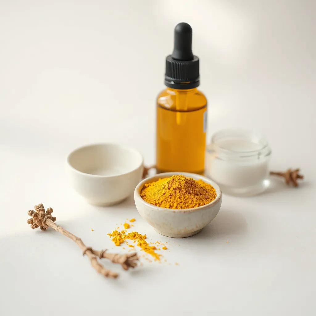 Golden turmeric powder with a skincare dropper and cream jar on a clean, light background
