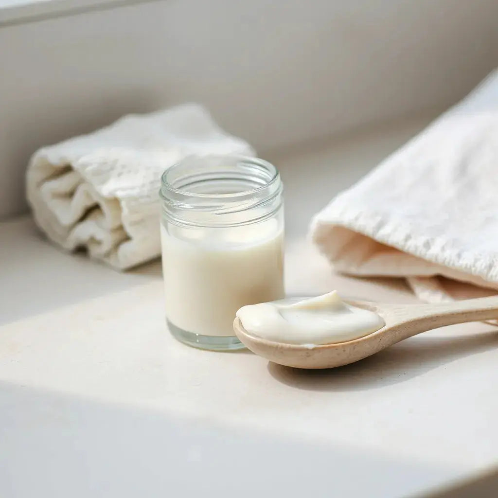 Jar and tube of deep moisture body cream with water droplets on a clean countertop