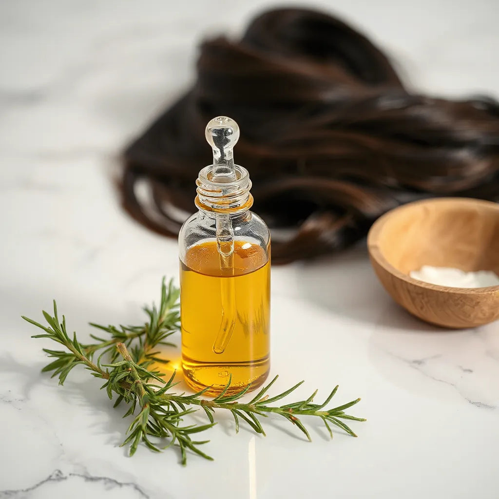 Glass bottle of golden hair oil with dropper beside rosemary sprigs on white marble