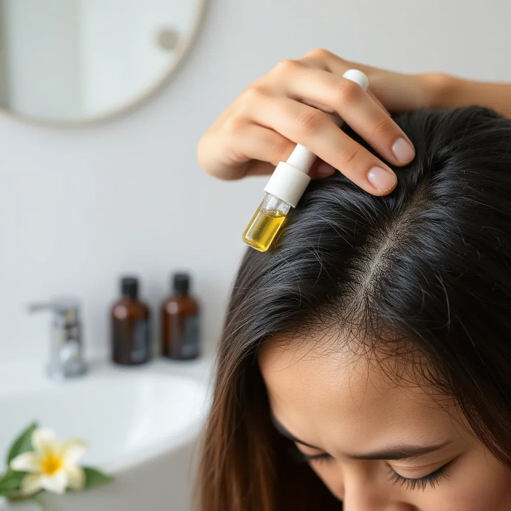 Hand applying hair serum to the scalp with healthy hair in soft natural light