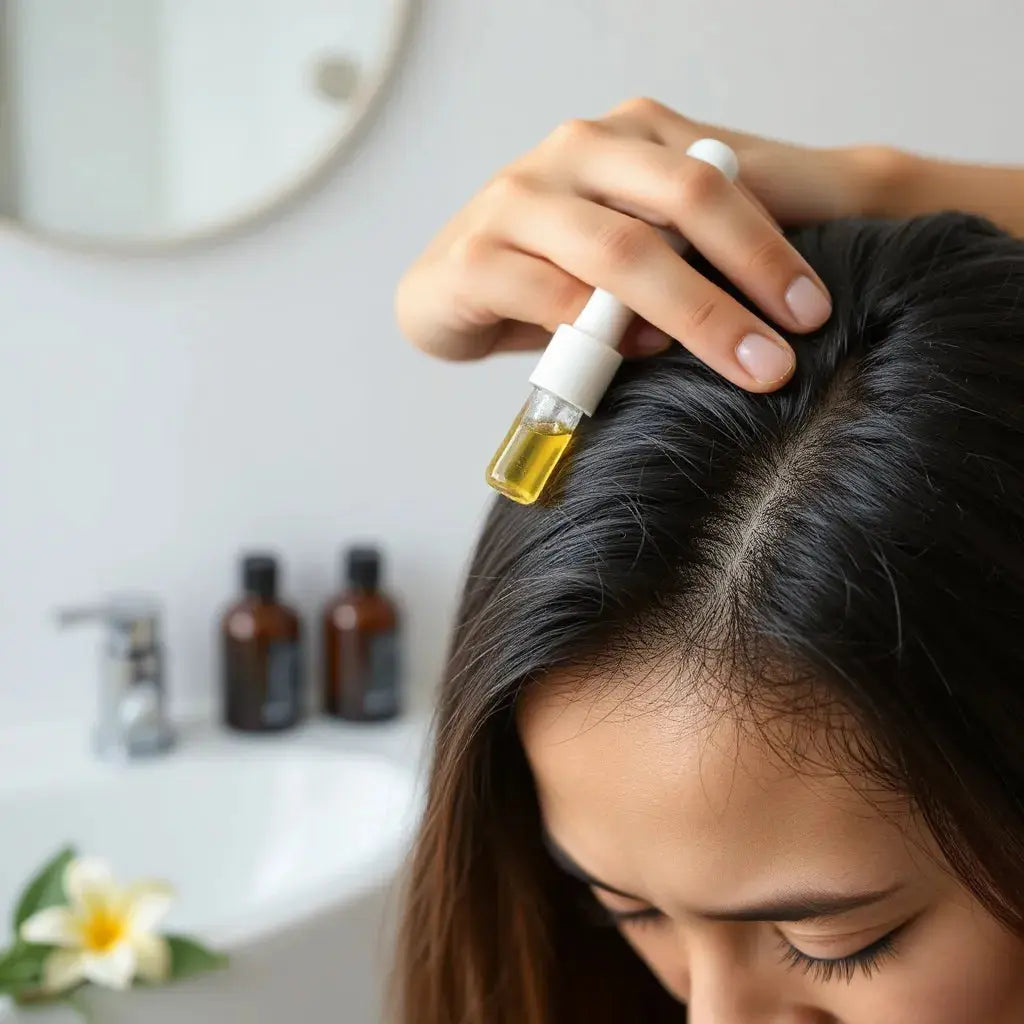Hand applying hair serum to the scalp with healthy hair in soft natural light