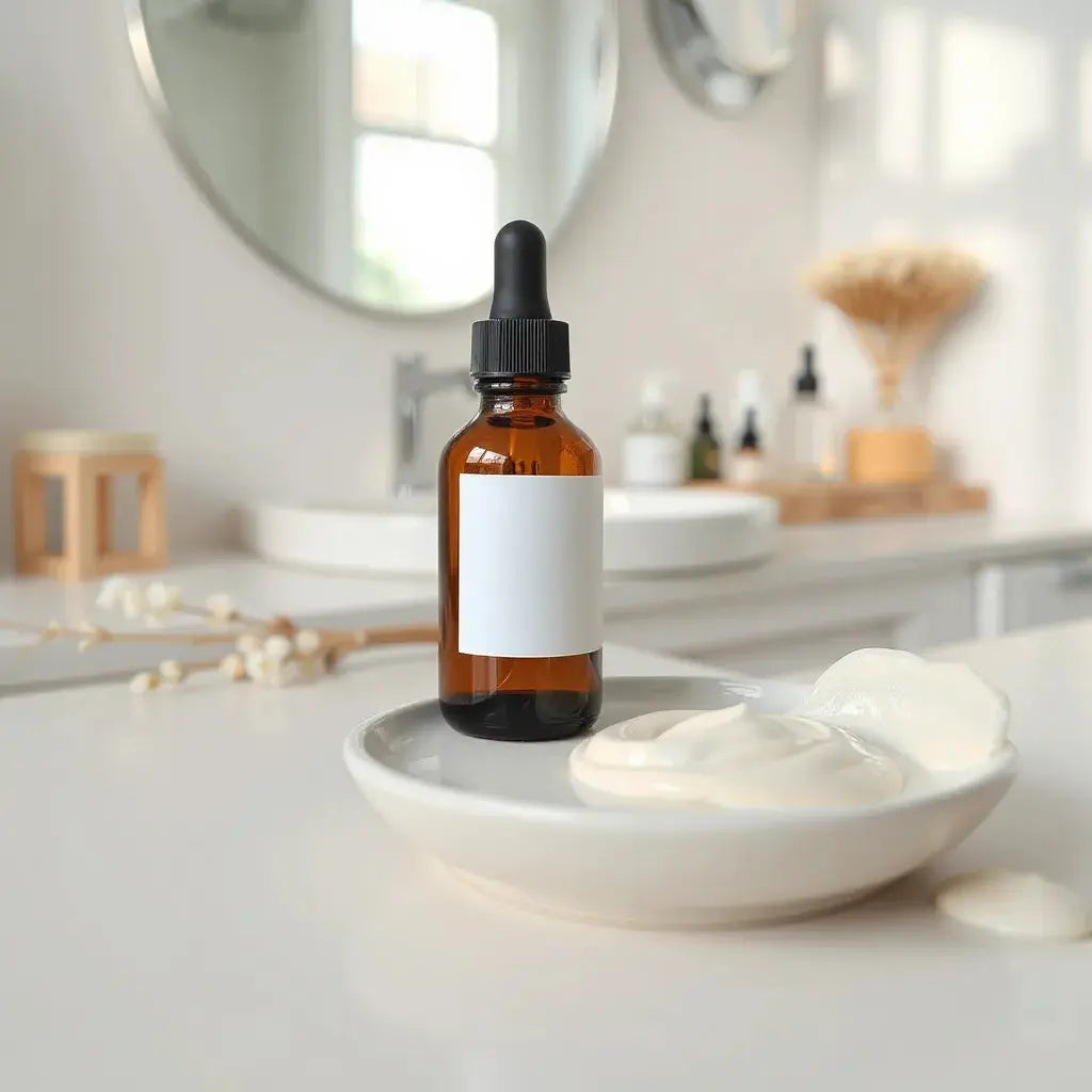 Amber retinol serum dropper bottle with creamy skincare texture on a minimal dish under soft light