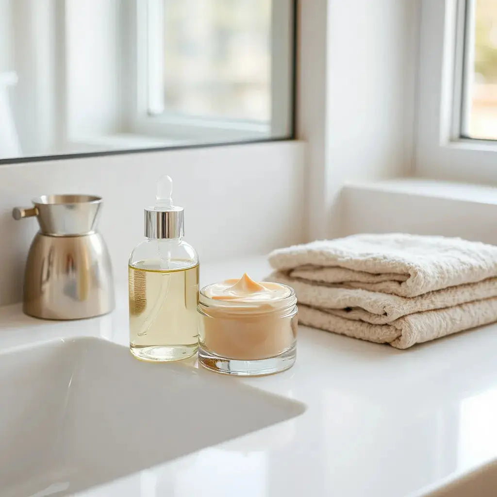Cream jar and dropper bottle with soothing moisturizer swirl on a clean vanity