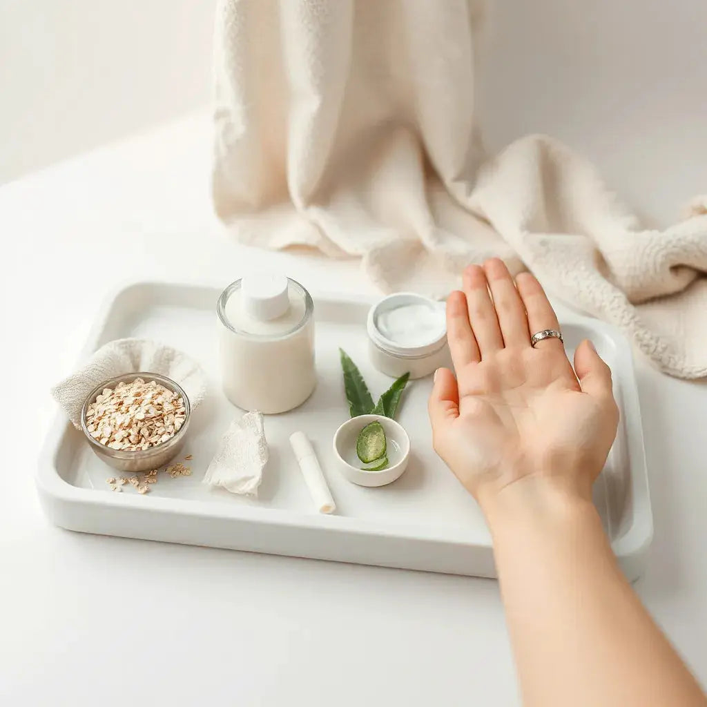 Neatly arranged body lotion and cream with a soft exfoliating mitt beside dewy skin in a bright bathroom setting