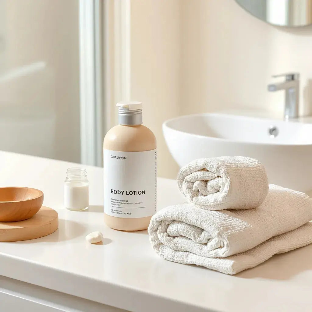 Fragrance-free body lotion, towel, and gentle hand application on a clean bathroom counter