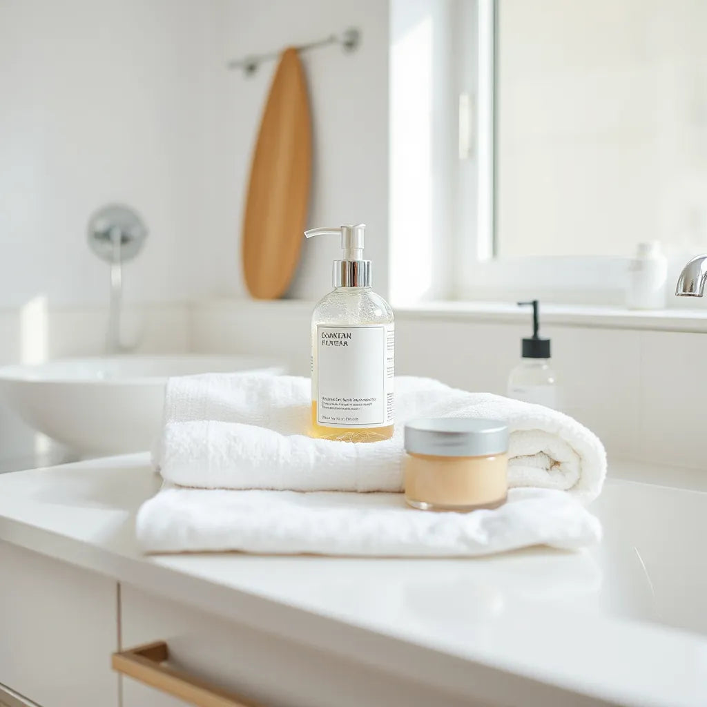 Neatly arranged body wash, lotion, scrub, and balm products on a clean bathroom countertop