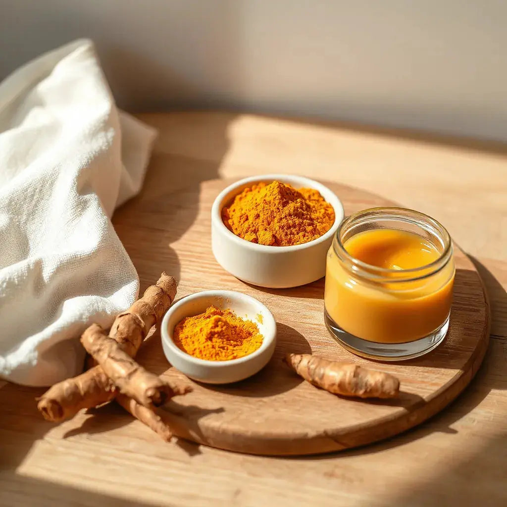 Golden turmeric powder and roots beside a glass jar of natural cream for skincare