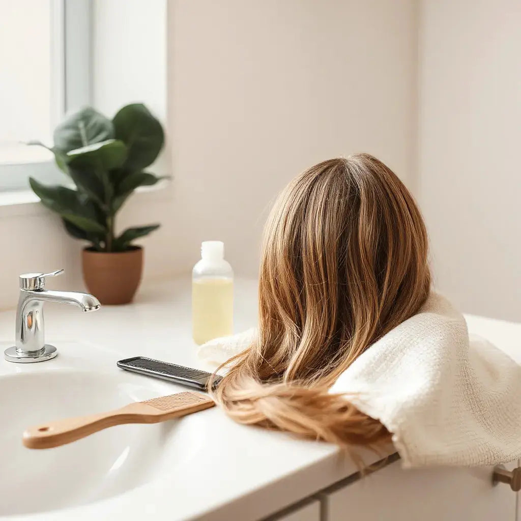 Wig and weave conditioning supplies on a clean counter with comb and microfiber cloth
