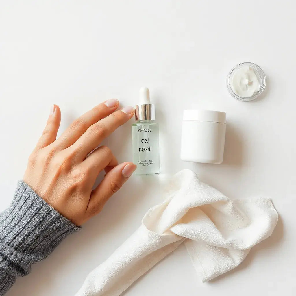 Fragrance-free moisturizer being applied to calm irritated skin with minimal skincare items nearby