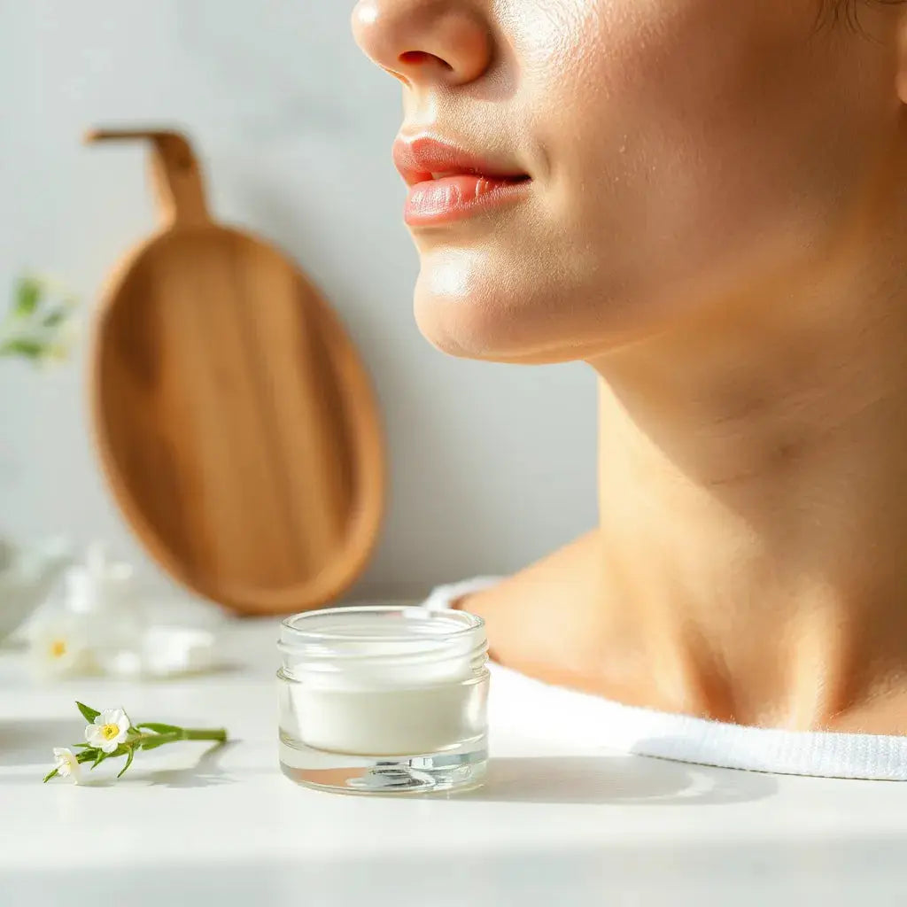 Dewy face skincare scene with a moisturizer and serum on a clean counter in natural light