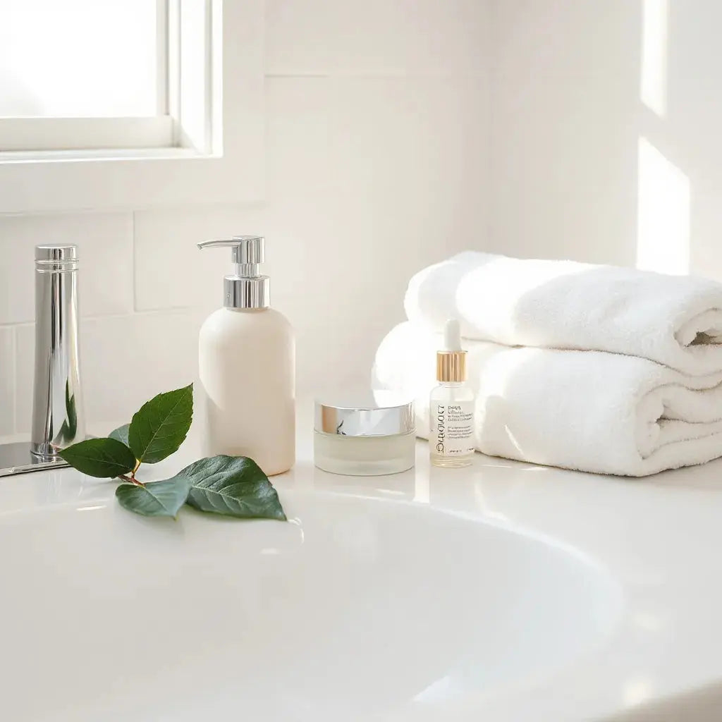 Minimal set of gentle skincare products on a clean vanity with soft daylight and fresh botanical leaves
