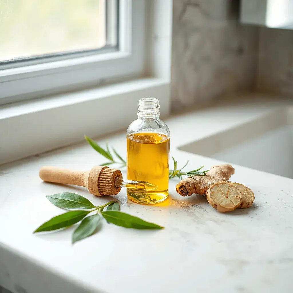 Amber natural hair oil in a glass bottle with a wooden dropper beside fresh rosemary and neem leaves