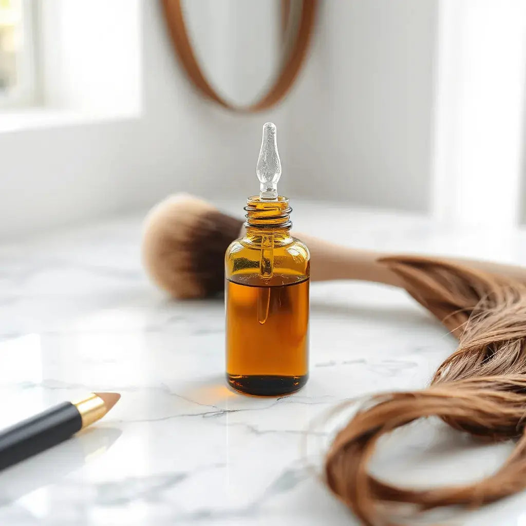 Glass bottle of hair growth oil with dropper beside hair strands and comb on a clean vanity
