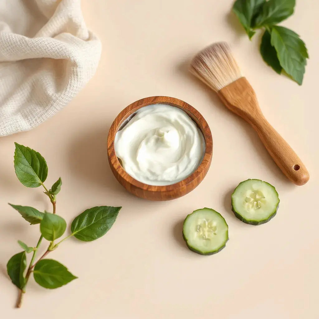 Vegan face mask cream in a bowl with a brush, beside fresh cucumber and green leaves