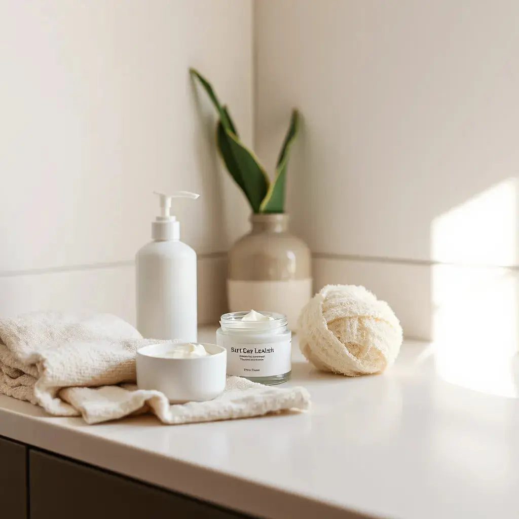 Assorted body care products and skincare tools arranged on a clean bathroom countertop with warm light