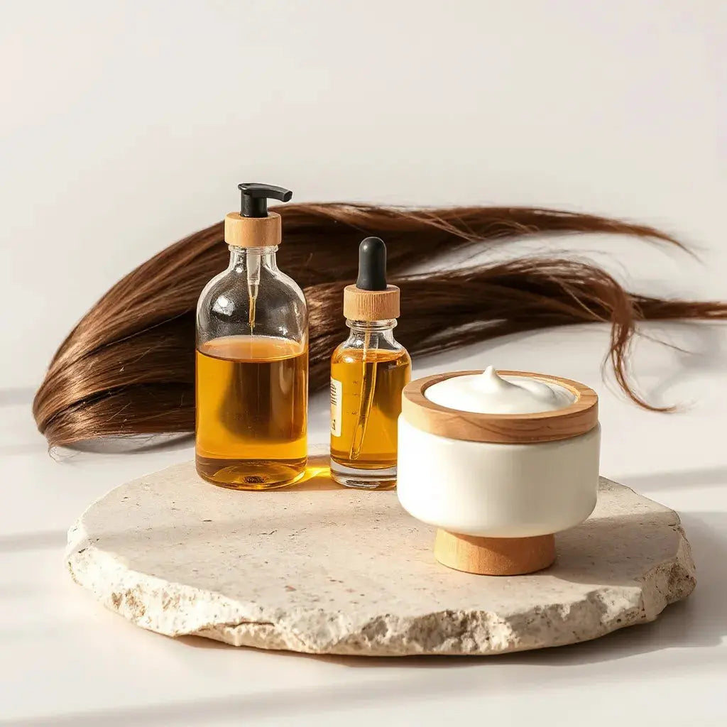 Natural hair care bottles and a glossy hair strand on a light vanity