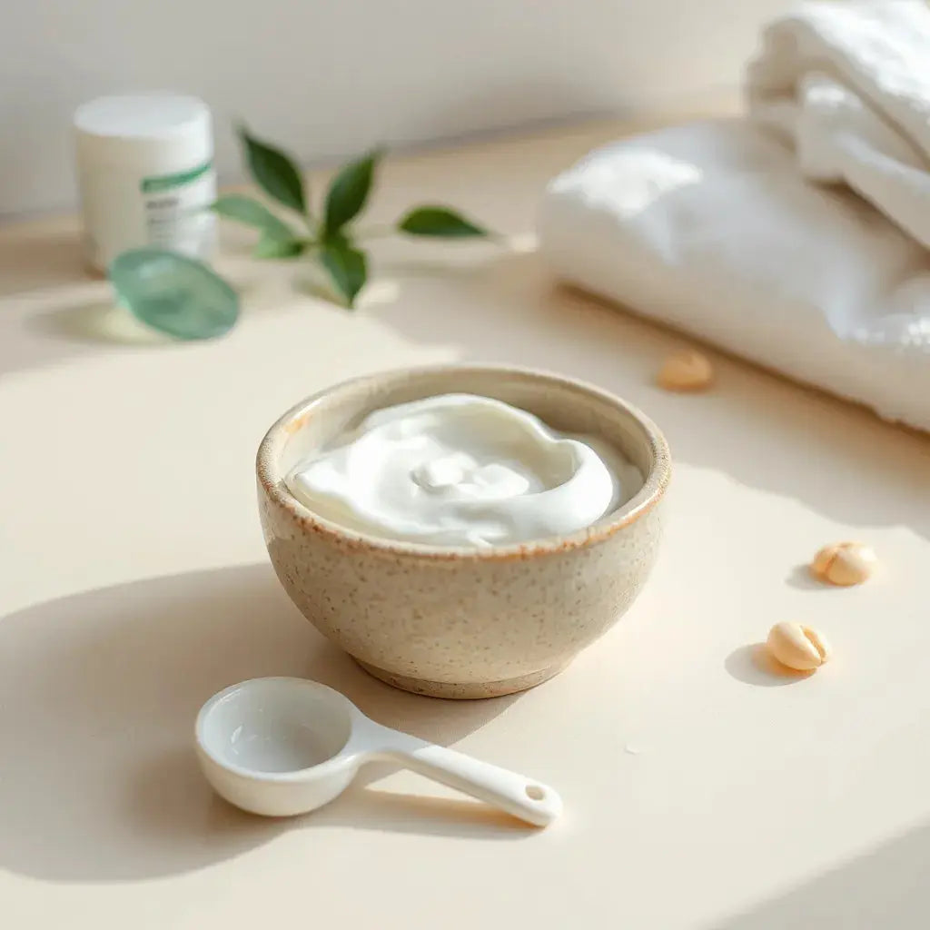 Hydrating face mask in a bowl with a spatula and skincare jar on a clean countertop