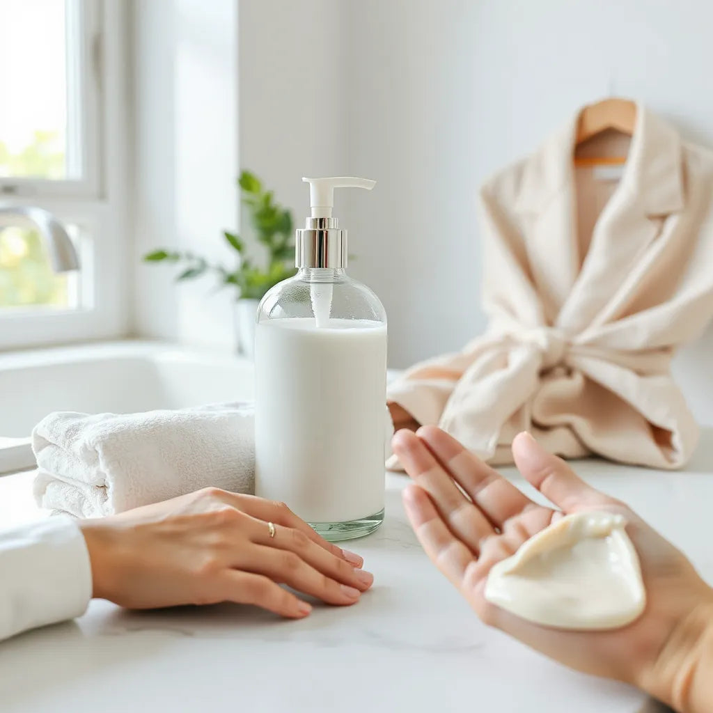 Bottle of hydrating body lotion with a pump on a clean countertop, with lotion on fingertips