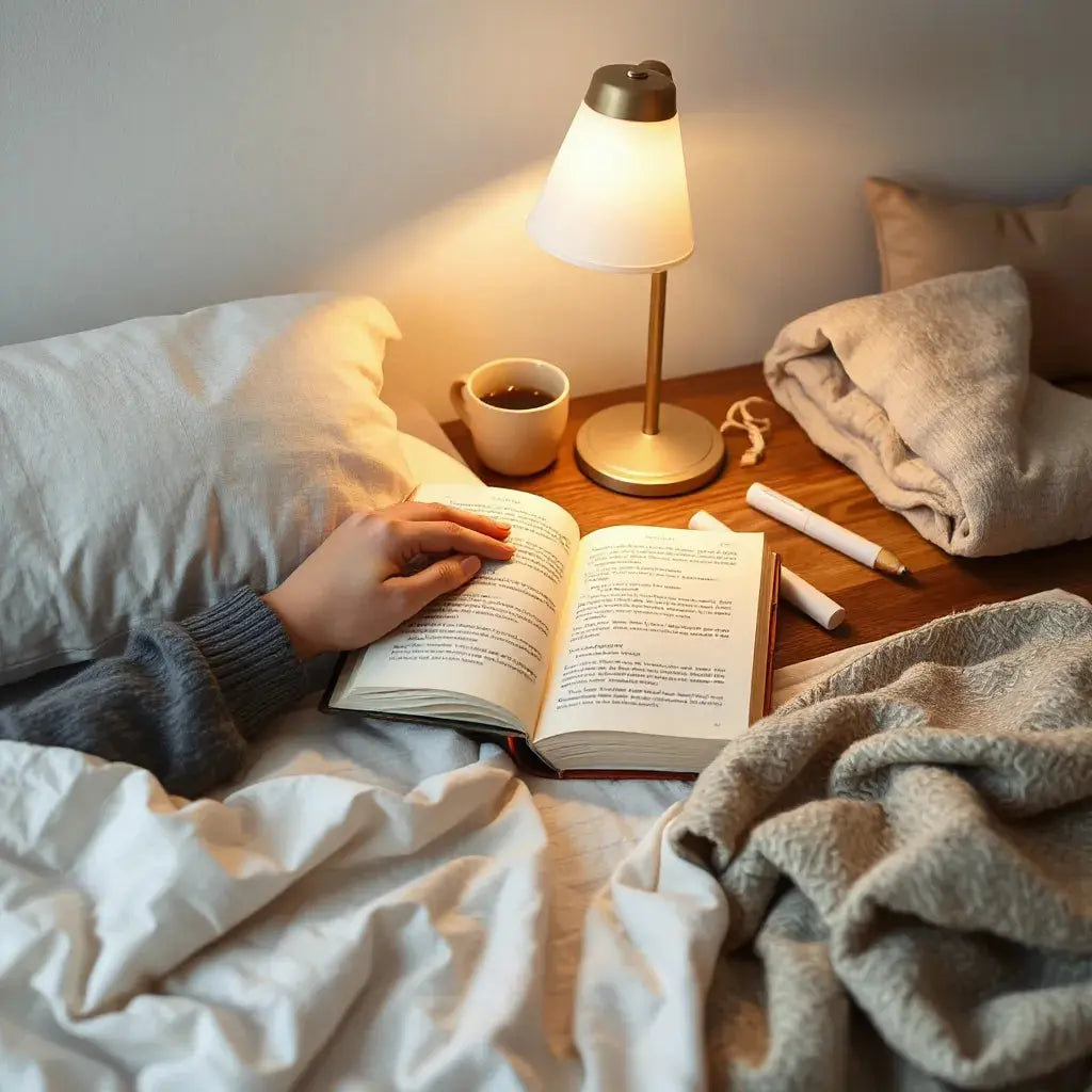 Open novel on a nightstand with warm lamp light and herbal tea beside it