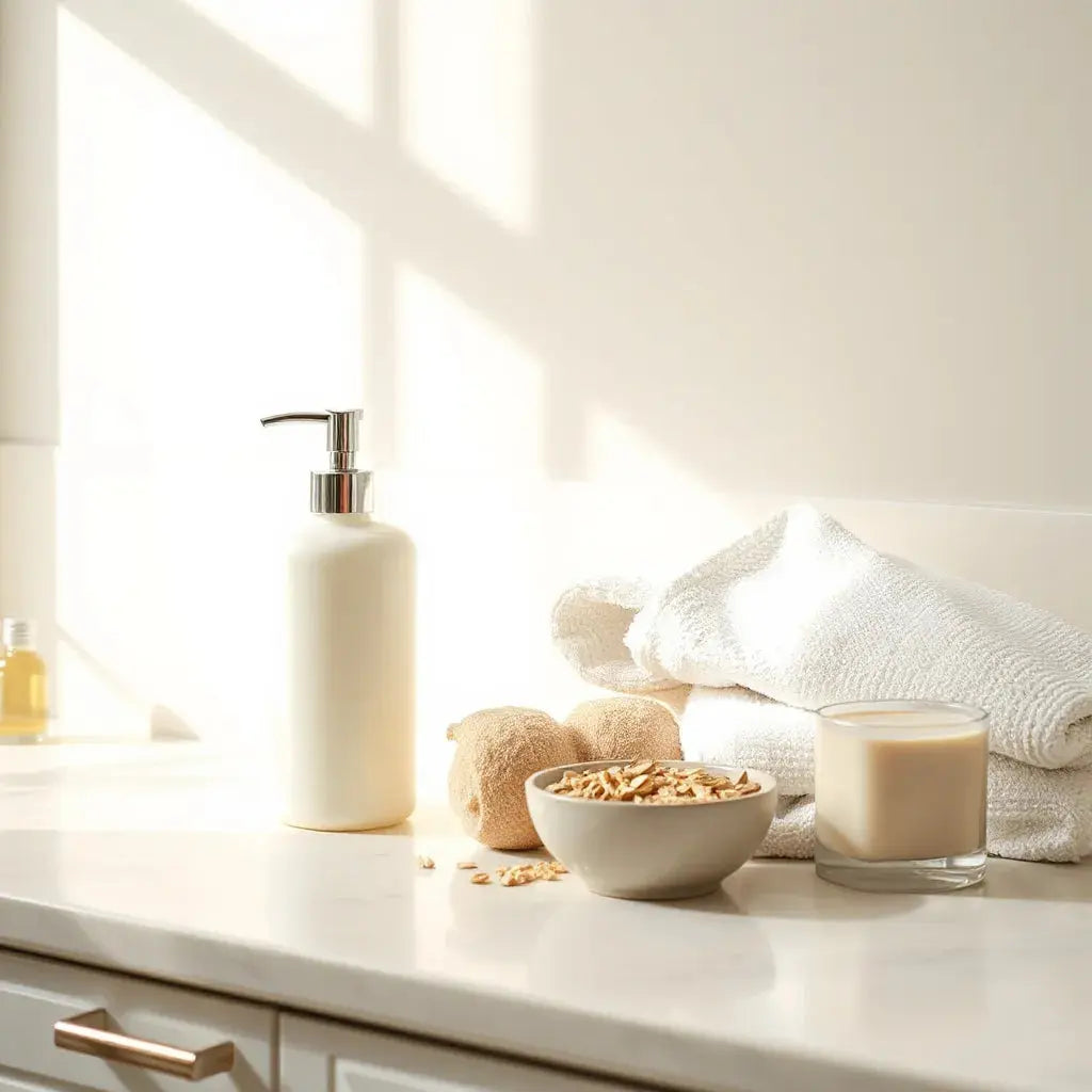 Body care products arranged on a clean bathroom counter with lotion, body wash, towel, and loofah