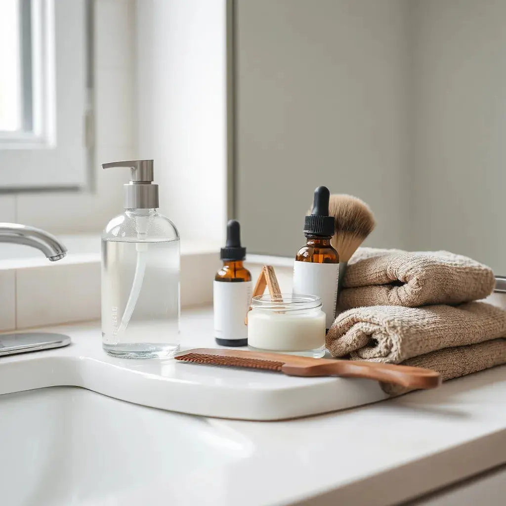 Minimal grooming essentials on a bathroom vanity, including beard oil, moisturizer, and cleanser.