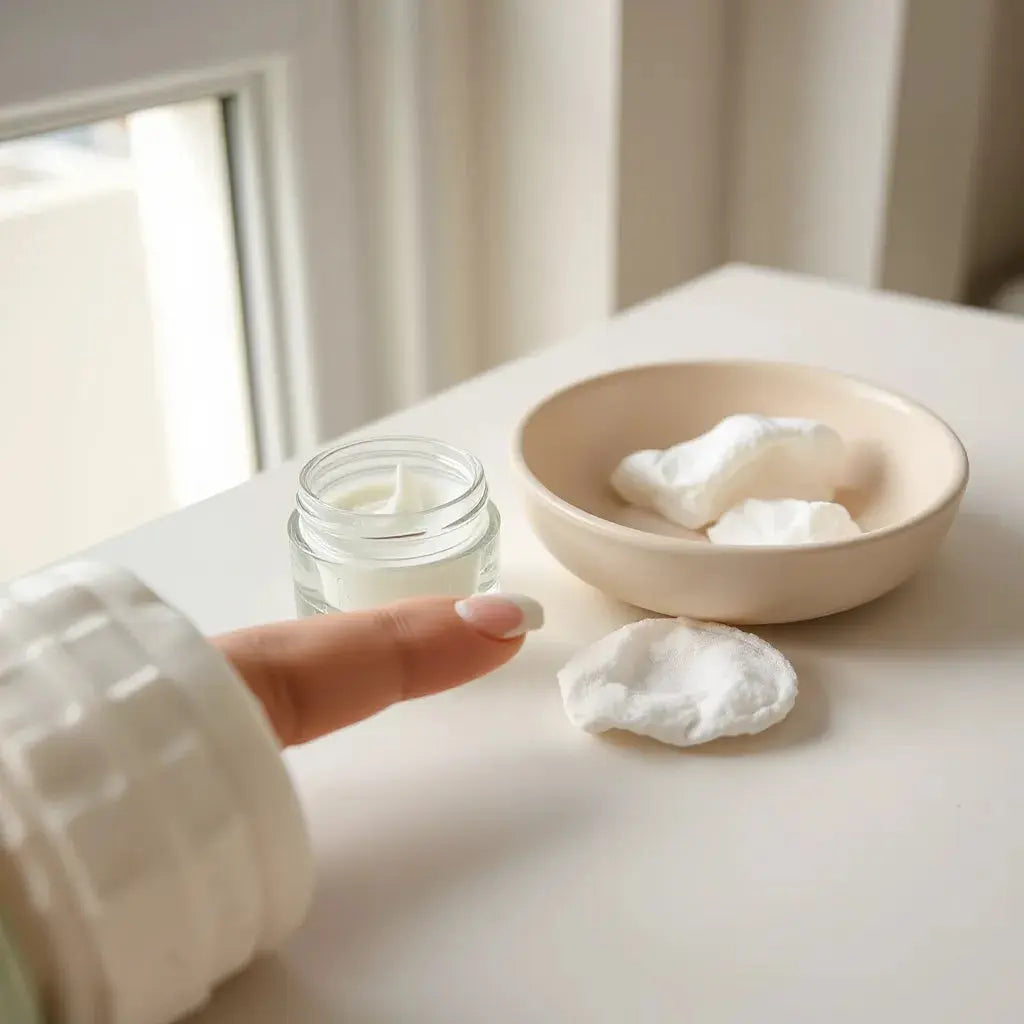 Gentle cream moisturizer and skincare jar on a neutral countertop with soft natural light