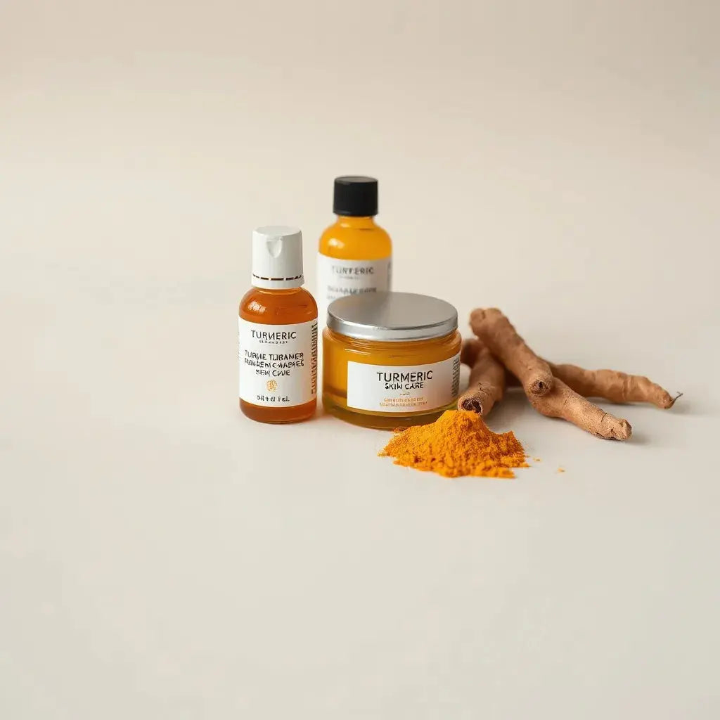 Warm-toned skincare bottles and cream jar with turmeric roots and golden powder on a neutral background