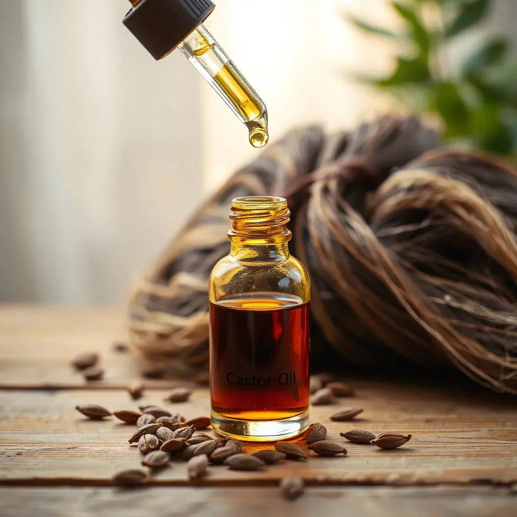 Castor oil bottle with dropper above healthy hair strands and scalp in warm natural light