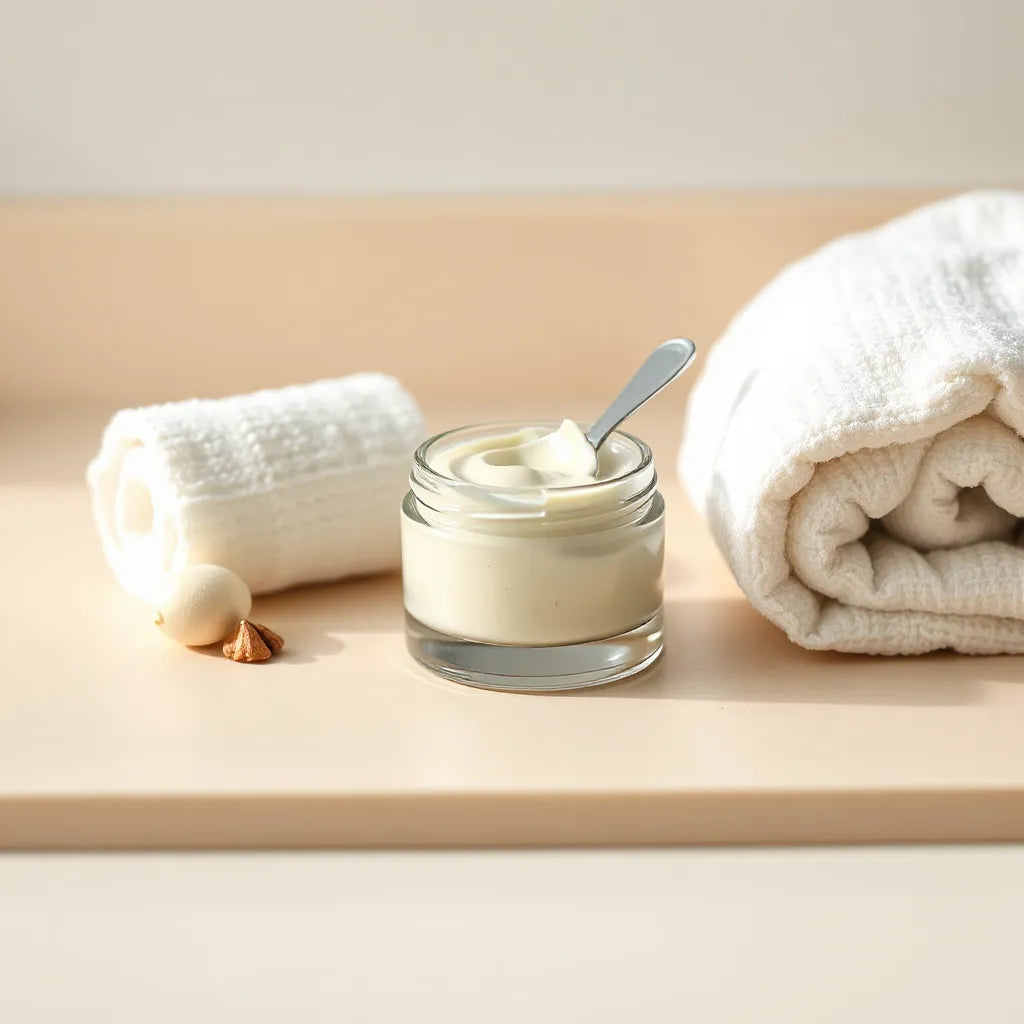 Jar of rich moisturizing cream on a clean countertop with soft natural light and water-like droplets