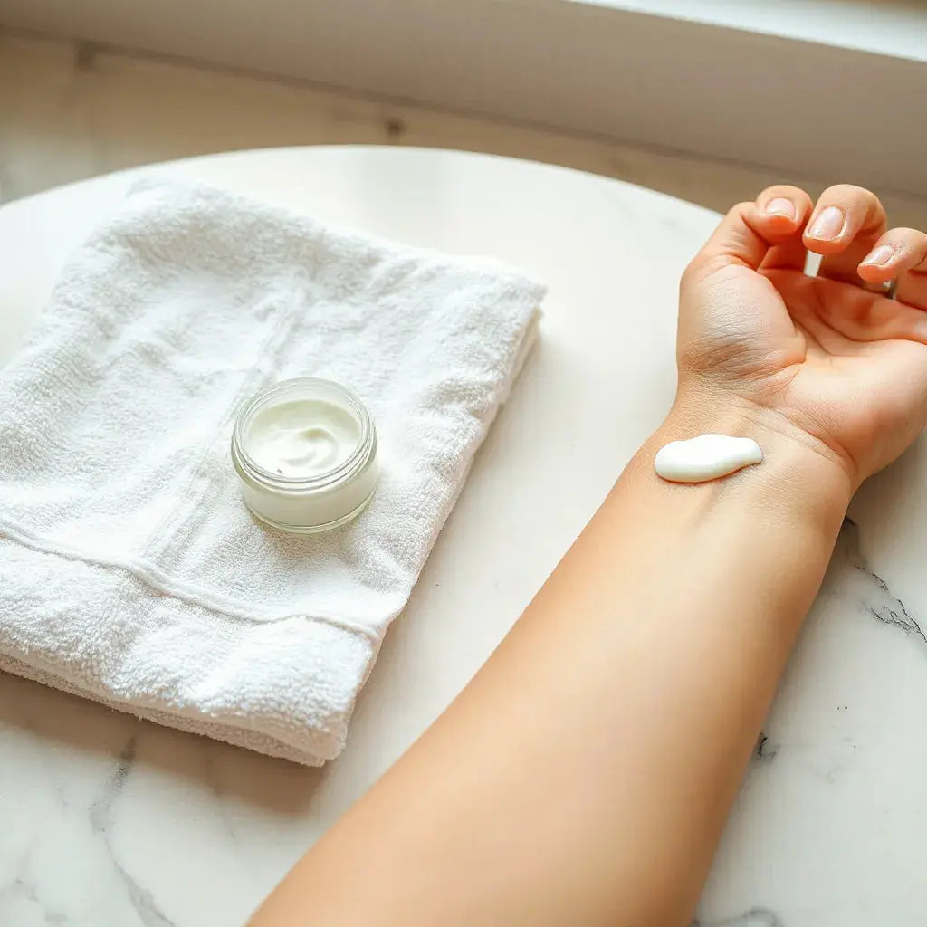 Hydrating body cream being smoothed onto the forearm with a minimal jar and serum nearby