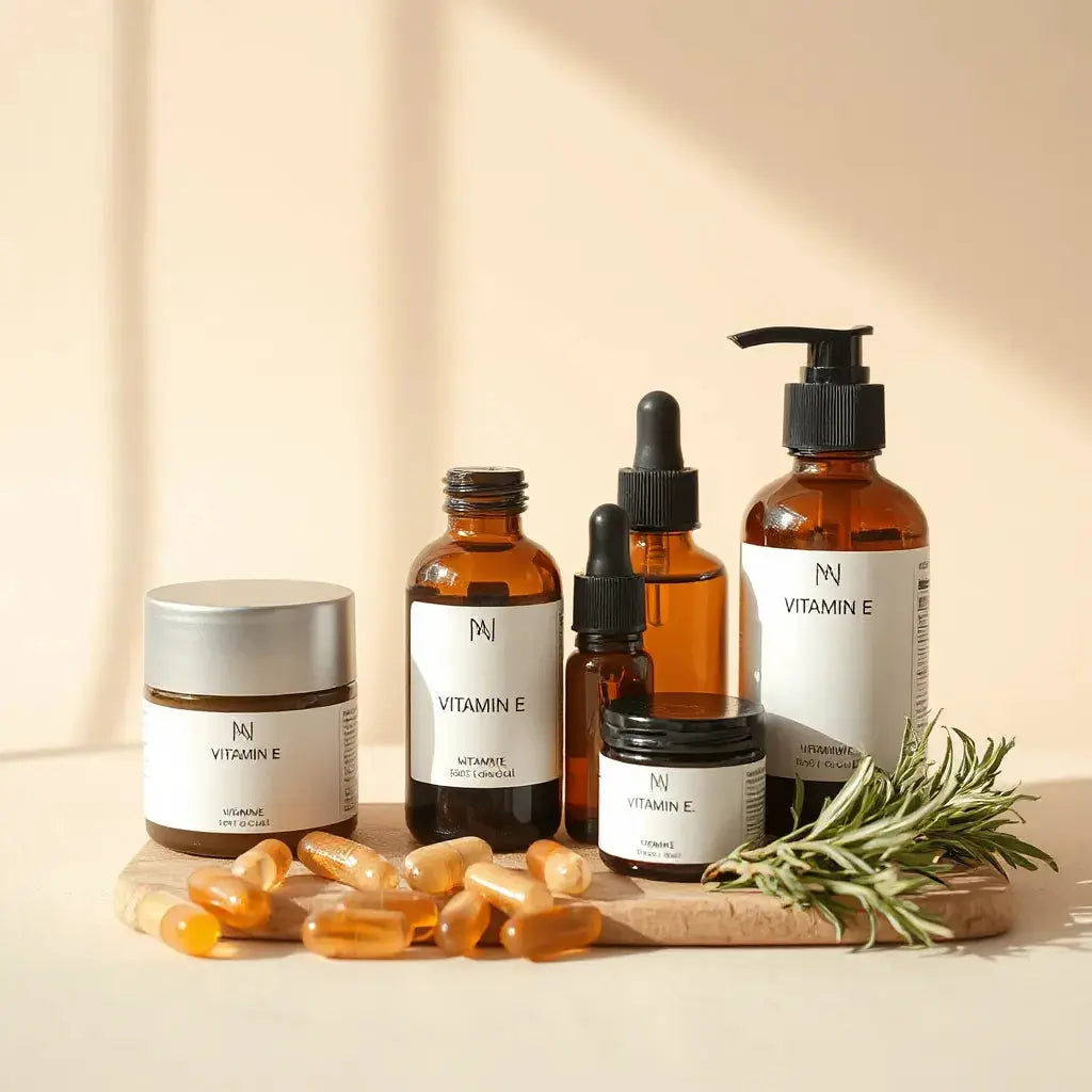 Amber serum and moisturizer bottles with vitamin E capsules and botanical sprigs on a neutral background